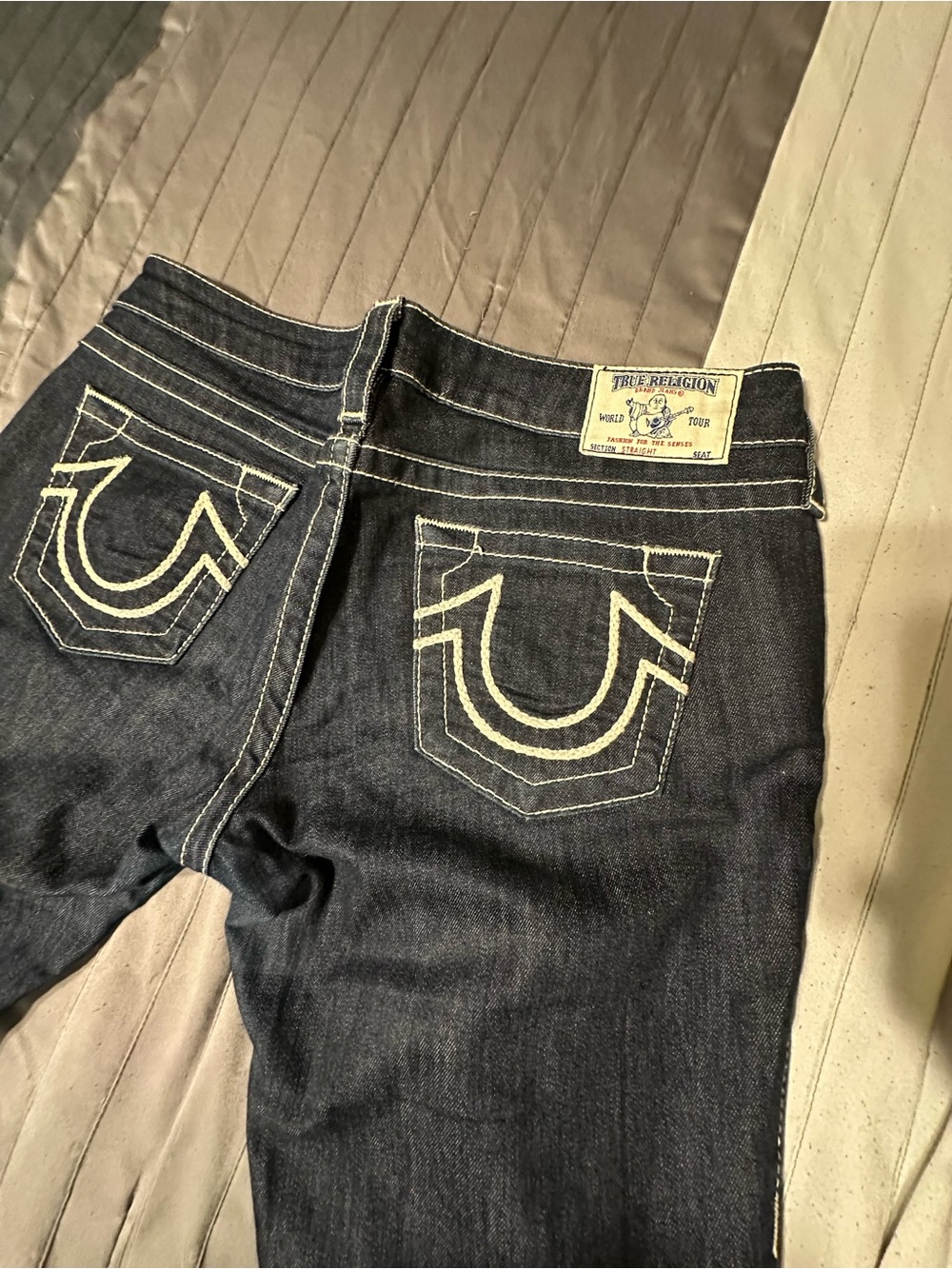 True Religion Women's Dark Indigo Skinny Jeans with White Horseshoe Stitch